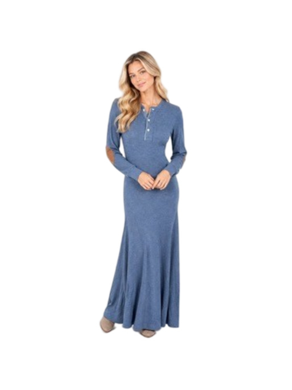 Polo Ralph Lauren Blue Waffle-Knit Henley Western Maxi Dress Elbow Patches Sz S
